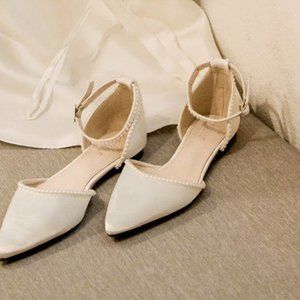 Bridal Flats-Ivory Satin Pointy Toe Flats / MINI PEARLS and Ankle Strap size 8